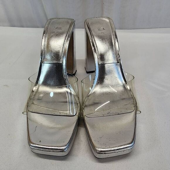Zara Clear Platform Chucky Heels Women Size 9.5UD 40EU Metallic Sliver Retro - Picture 3 of 12